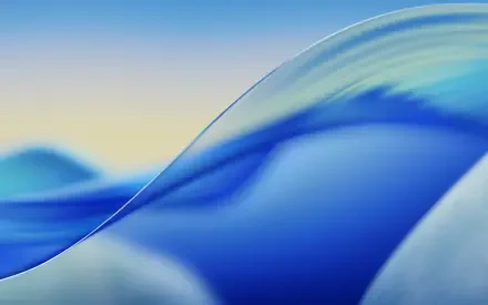 macOS abstract blue HD desktop wallpaper: sweeping translucent blue waves and soft sky gradient, serene PC background.