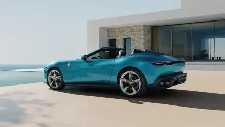 Teal Ferrari Amalfi Spider luxury car parked by a modern villa and pool, 4K Ultra HD PC desktop wallpaper and background.