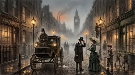 5K Ultra HD PC desktop wallpaper: foggy Victorian-era London street at dusk with gas lamps, a horse-drawn carriage, figures in period dress and Big Ben rising through the mist.