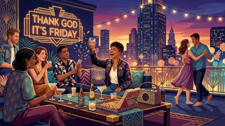 5K Ultra HD PC desktop wallpaper: rooftop party at dusk, friends toasting under string lights, dancing couple, neon Thank God It's Friday sign over a city skyline background.
