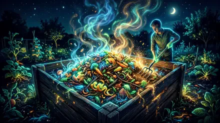 5K Ultra HD PC Desktop Wallpaper and Background: night garden compost bin of glowing vegetable scraps, luminescent swirls rising as a figure tends the pile under a crescent moon.