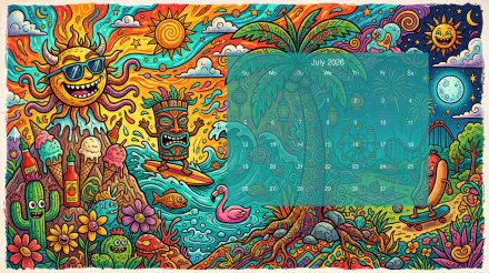 Vivid psychedelic beach scene with smiling sun, tiki mask, palm trees, flamingo and surfboard; July 2026 calendar overlay at center. 5K Ultra HD PC desktop wallpaper and background.