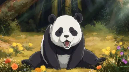 Jujutsu Kaisen 3rd Season anime panda smiling and sprawled in a sunlit meadow of yellow flowers — cute, funny 5K Ultra HD PC desktop wallpaper and background.