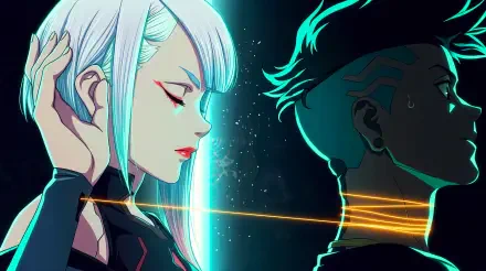 Cyberpunk: Edgerunners 5K Ultra HD desktop wallpaper showing Lucy and David in neon-lit profiles, back-to-back with a glowing cable linking them.