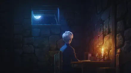 Anime 5K desktop wallpaper Orb: On the Movements of the Earth by Rafal — lone figure at a cozy candlelit desk in a stone room, moonlight spilling through a small window.