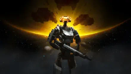 4K Ultra HD PC desktop wallpaper: Starfield futuristic gaming robot soldier clutching a rifle, backlit by a glowing planet horizon and silhouetted spacecraft.