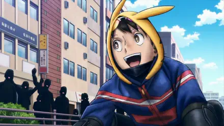 HD PC anime desktop wallpaper of Koichi Haimawari from My Hero Academia: Vigilantes, wearing a yellow-eared hood and smiling on a sunny city street.