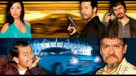 Matando Cabos movie collage: tense characters with guns above a speeding car and illuminated stadium, 4K Ultra HD PC desktop wallpaper.