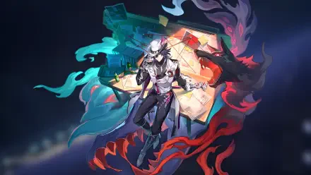 Ashveil (Honkai: Star Rail) floats center clutching a folding umbrella, framed by teal and red spirit flames over a starry void — 2K Quad HD PC desktop wallpaper from the video game.