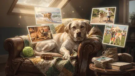 4K Ultra HD PC desktop wallpaper: old dog reclining on an armchair amid photos, a tennis ball and keepsakes in a warm, sunlit room.