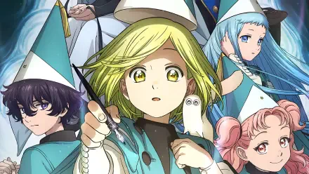 4K Ultra HD PC wallpaper of Witch Hat Atelier anime featuring Coco (Witch Hat Atelier) and fellow witches in teal hats, one holding a wand and a small owl, vivid desktop background.