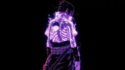 4K OLED anime PC wallpaper: Sasuke Uchiha of the Uchiha Clan standing backlit in purple chakra energy on a black background (Naruto).