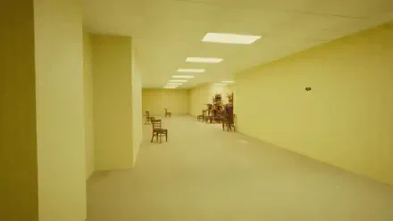 Backrooms 4K Ultra HD PC desktop wallpaper and background — long empty yellow corridor lit by fluorescent panels, scattered chairs and shelving, eerie sterile atmosphere.