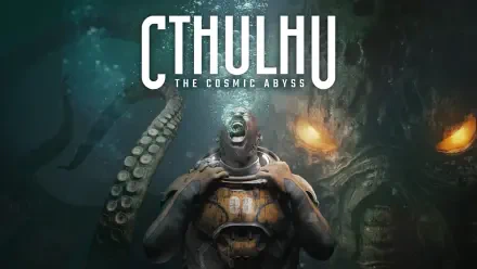 2K Quad HD PC desktop wallpaper for the video game Cthulhu: The Cosmic Abyss — armored figure screams as massive tentacles and glowing abyssal eyes rise from a dark, watery void.