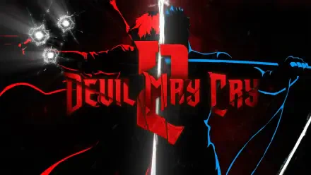 Devil May Cry (anime) 4K Ultra HD PC wallpaper: red and blue split silhouettes of Dante with central Devil May Cry 3 logo and left-side muzzle flashes.