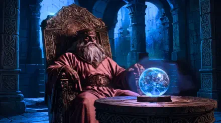 5K Ultra HD PC wallpaper: an aged wizard pondering a glowing orb in a fantasy secret lair, seated on an ornate throne amid crumbling stone pillars.