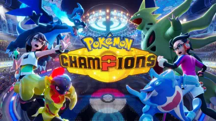 HD PC desktop wallpaper of the video game Pokémon Champions: colorful stadium showdown with trainers, battling Pokémon, and the game's logo center stage.