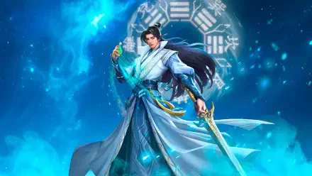 HD PC desktop wallpaper of Han Li from the TV show A Record of a Mortal's Journey to Immortality, glowing fantasy warrior in flowing robes wielding a sword.