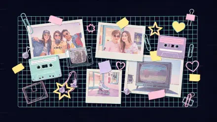 Scrapbooking-themed 4K Ultra HD PC desktop wallpaper: pastel retro collage of polaroid photos, cassette tapes, a vintage TV and stickers on a dark grid background.