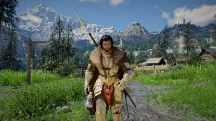 2K Quad HD PC wallpaper: Kliff, game character from Crimson Desert, walks a mountain village path in fur-lined armor, wielding a sword and crossbow beneath blue skies.