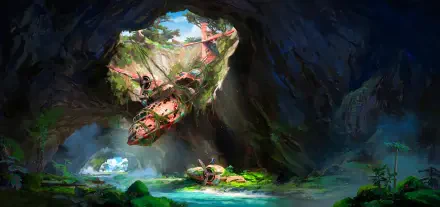 Concept art 2K Quad HD PC desktop wallpaper: fantasy-adventure cave with a mossy plane crash half-submerged in a luminescent lagoon beneath a sunlit cavern opening.