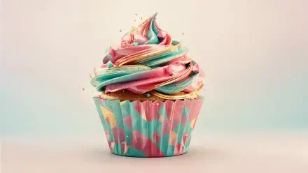 4K Ultra HD PC desktop wallpaper: pastel rainbow cupcake with swirled frosting, gold accents and sprinkles on a soft gradient background.