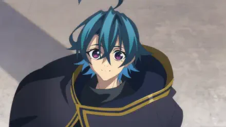 HD PC desktop wallpaper of Will Serfort from the anime Wistoria: Wand and Sword - a blue-haired youth in a dark cloak with gold trim, looking up with gentle, curious eyes.