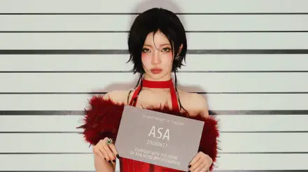 5K K-pop desktop wallpaper: dark-haired model in a red feather boa holds an ASA mugshot placard, BABYMONSTER/Choom-inspired styling with an Ada Wong cosplay vibe.