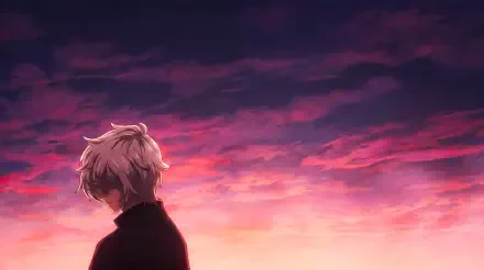 Gabimaru from Hell's Paradise gazes at a vivid pink-purple sunset; 5K Ultra HD PC desktop wallpaper and background, anime style.