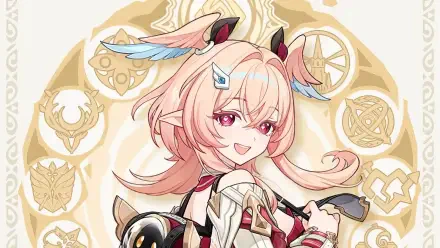HD PC desktop wallpaper of Linnea from the video game Genshin Impact: pink-haired, feathered hairpieces and ornate golden sigils behind her, smiling in vibrant anime-style art.