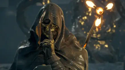 Death Stranding 4K PC wallpaper: hooded skeletal figure shushing with a finger to its lips, rain-soaked cloak and glowing lantern casting eerie light across a dark, atmospheric landscape.