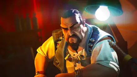 Tides of Tomorrow video game HD PC desktop wallpaper and background: burly bearded sea captain in a rugged jacket, lit by a hanging lamp, moody cinematic tones.