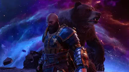 4K Ultra HD PC desktop wallpaper from the video game God of War: armored Kratos beside a massive bear beneath a swirling purple-blue cosmic sky.