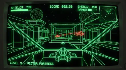 Neon-green retro wireframe space combat cockpit with HUD readouts and enemy targets — video game 5K Ultra HD PC Desktop Wallpaper and Background.