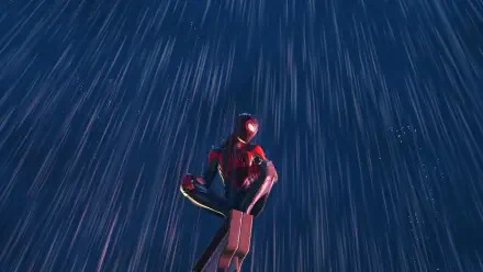Spider-Man (PS4) in a red-and-black suit crouches on a ledge as rain streaks past in a dramatic low-angle shot — 4K Ultra HD PC desktop wallpaper and background.