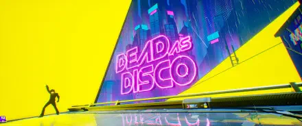 2K Quad HD PC desktop wallpaper for the video game Dead as Disco: neon-pink logo on a rain-soaked futuristic cityscape, yellow foreground and a silhouetted figure.