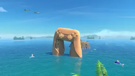 Astro Bot Rescue Mission video game 4K Ultra HD PC desktop wallpaper and background: turquoise ocean with a giant stone controller-shaped arch and tiny Astro Bot figures swimming.