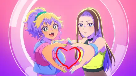HD anime wallpaper of Kotoko Ijichi and Kei Amane from Gals Can't Be Kind to Otaku!? smiling and forming a heart with their hands against a pink circular background.