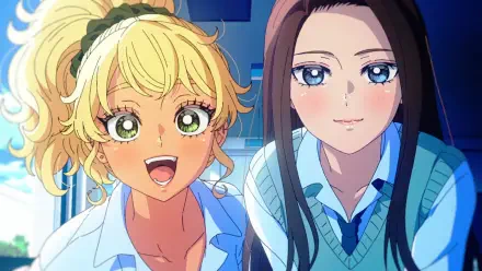 Anime HD desktop wallpaper: Kotoko Ijichi (left) and Kei Amane (right) from Gals Can't Be Kind to Otaku?! smiling together in bright school uniforms, close-up portrait.