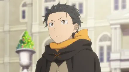 HD anime PC wallpaper of Subaru Natsuki from Gals Can't Be Kind to Otaku!? — standing resolute in a city square, wearing a dark cloak and bright orange scarf.