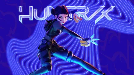 KPop Demon Hunters character in a dynamic battle pose wielding glowing blades against a swirling electric-blue backdrop — 8K Ultra HD PC desktop wallpaper/background.