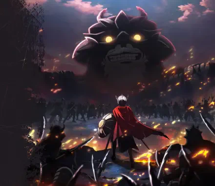 Anime HD PC desktop wallpaper: The Warrior Princess stands with shield and red cape before a torchlit battlefield, confronting the colossal Barbaric King whose grim face looms above.