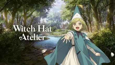 4K Ultra HD PC desktop wallpaper: Coco from Witch Hat Atelier in anime style, smiling and reaching out in a sunlit riverside forest wearing her witch cloak.