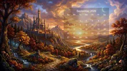 September 2026 calendar overlay on a 5K Ultra HD PC desktop wallpaper background — an autumn fantasy landscape with a hilltop castle, winding river, glowing sunset and forested path.