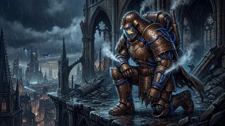 Power Armor trooper kneels on a ruined cathedral ledge in rain, overlooking a neon, devastated city — 5K Ultra HD PC desktop wallpaper/background.