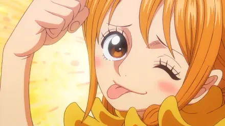 HD PC desktop wallpaper of Nami (One Piece): anime close-up winking with tongue out and flexing arm against a warm yellow background.