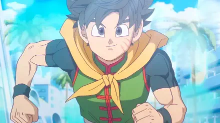 HD PC desktop wallpaper from video game Dragon Ball Xenoverse 3: young Saiyan in green outfit and yellow scarf dashing toward viewer beneath a bright blue sky.