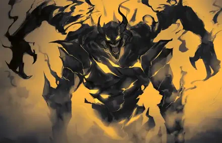 HD PC desktop wallpaper background for the novel Shadow Slave (Webnovel): a towering shadow monster with glowing yellow eyes and molten fissures emerging from black smoke.