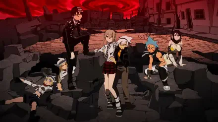 Soul Eater anime 5K Ultra HD PC desktop wallpaper: Maka Albarn, Soul Evans, Death the Kid and crew posed on cracked ground beneath a blood-red sky.