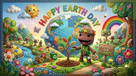 2K Quad HD PC desktop wallpaper - Sackboy from LittleBigPlanet (video game) celebrates Earth Day planting a tree before a stitched globe with a 'Happy Earth Day' banner and Protect Our Planet sign.